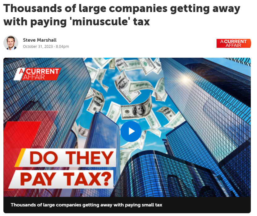 A Current Affair segment headline “Do they pay tax?” on the Channel 9 website.